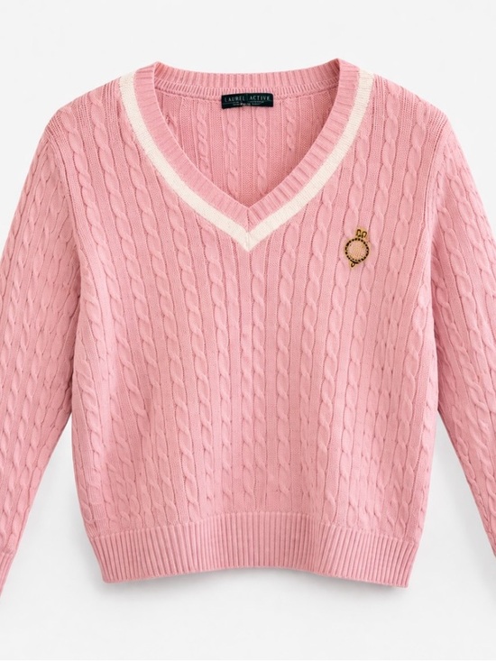 Lauren Active Sweaters - Lauren Active Vintage Pink Cable Knit V-Neck Sweater | Preppy Chic | Soft Cozy
